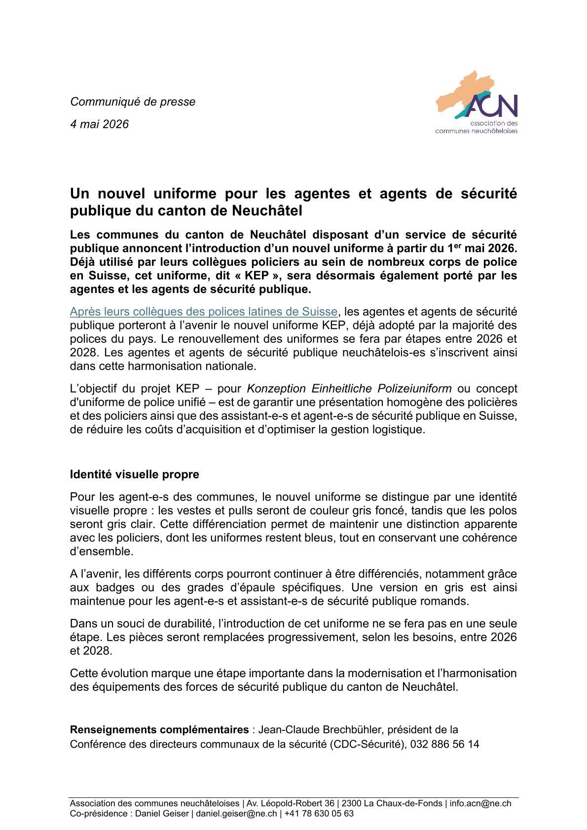 Communiqué de presse - Un nouvel uniforme pour les agentes et agents de sécurité publique du canton de Neuchâtel