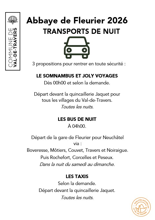 Abbaye de Fleurier 2026 - Transports de nuits 