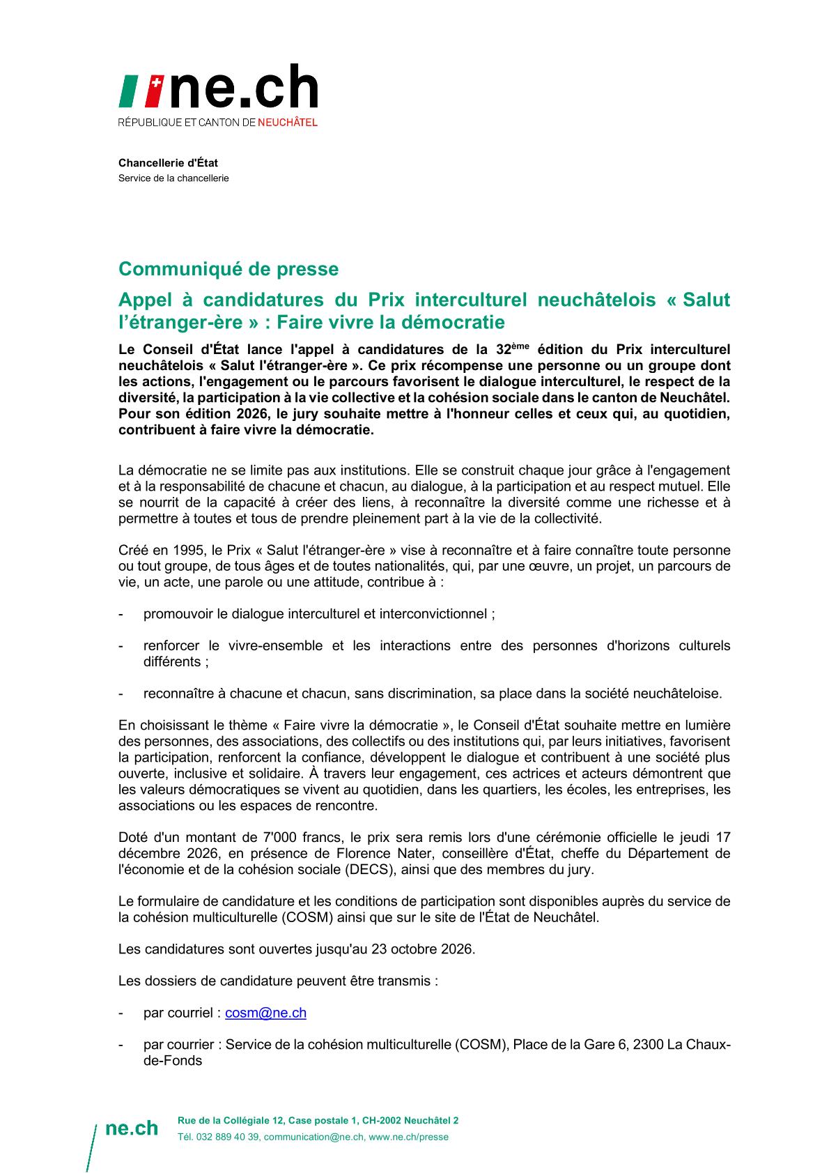 Appel à projets de la SACR ainsi que l’appel à candidatures du Prix Salut l’étranger 