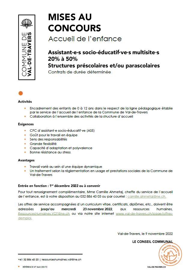 Offre emploi val-de-Travers 10.11.22